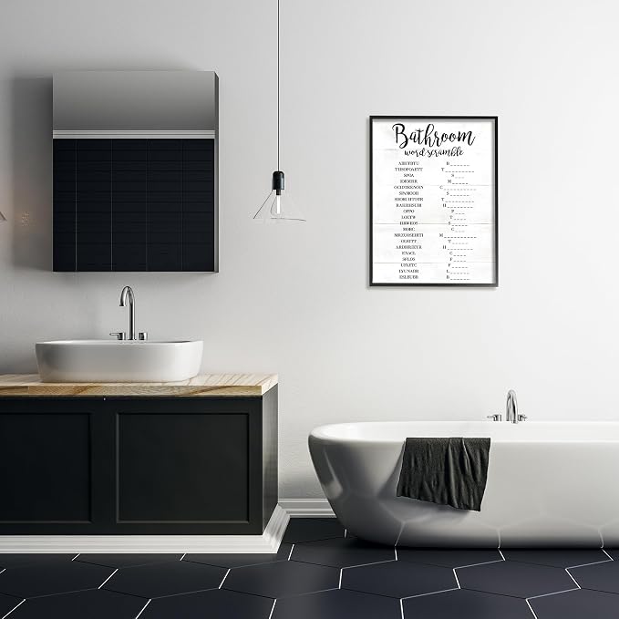 Stupell Industries 'Bathroom Word Scramble White and Black Word Design', Framed Giclee Art, Black, 24 x 30 Inches, Easy to Hang and Sturdy, Made in USA, by Lil' Rue