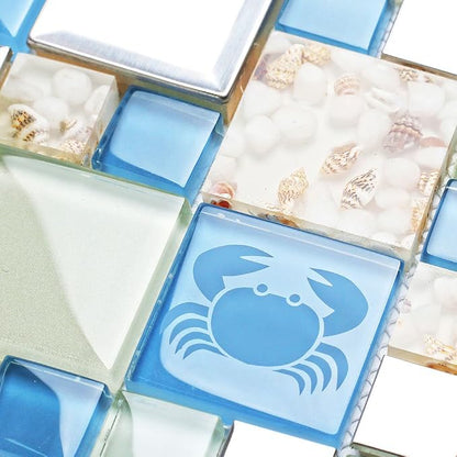 Blue Sea Glass Tile Backsplash Beach Style Mosaic Tiles Real Seashell Inside (Pack of 5 Sheets)