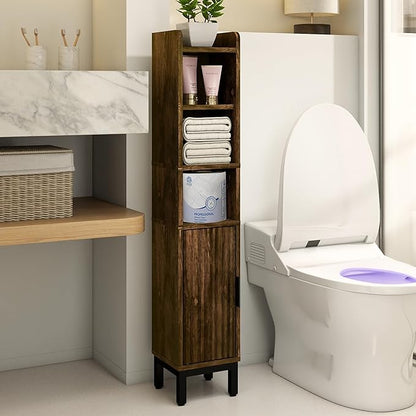 Narrow Bathroom Storage Cabinet, Corner Toilet Paper Floor Cabinet 5 Tiers with Door and Shelves,Bathroom Organizer with Adjustable Shelf, for Small Spaces(Rustic Brown)