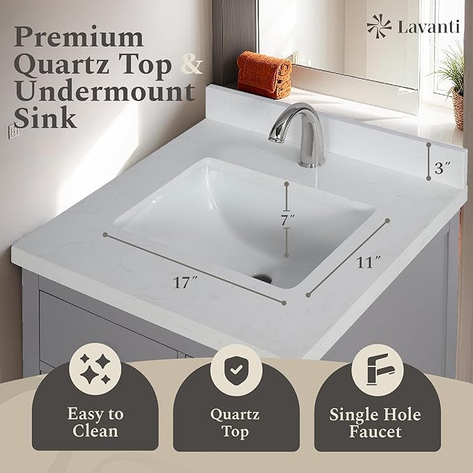 Lavanti Oakford 24 Inch Bathroom Vanity with Sink – Stylish Gray Vanity Bathroom with Storage Cabinet – Modern Bathroom Vanities with Single Vanity Sink & Quartz Countertop