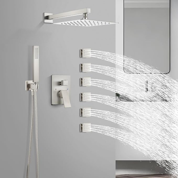 gotonovo Rainfall Shower System with Full Body Jets 6pcs Brushed Nickel | 12’’ Rainfall Shower Head with Handheld Spray Combo,Wall Mount,Rough-in Valve and Trim Kit,Brass Body Message Jets,All Metal