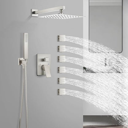 gotonovo Rainfall Shower System with Full Body Jets 6pcs Brushed Nickel | 12’’ Rainfall Shower Head with Handheld Spray Combo,Wall Mount,Rough-in Valve and Trim Kit,Brass Body Message Jets,All Metal