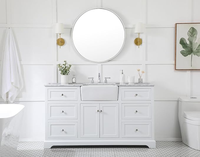60" Pre-Assembled Bathroom Vanity with Sink, Solid Birch and MDF, Carrara White Marble Countertop Attached, Single Rectangle Porcelain Sink, 6 Soft-Close Drawers, White