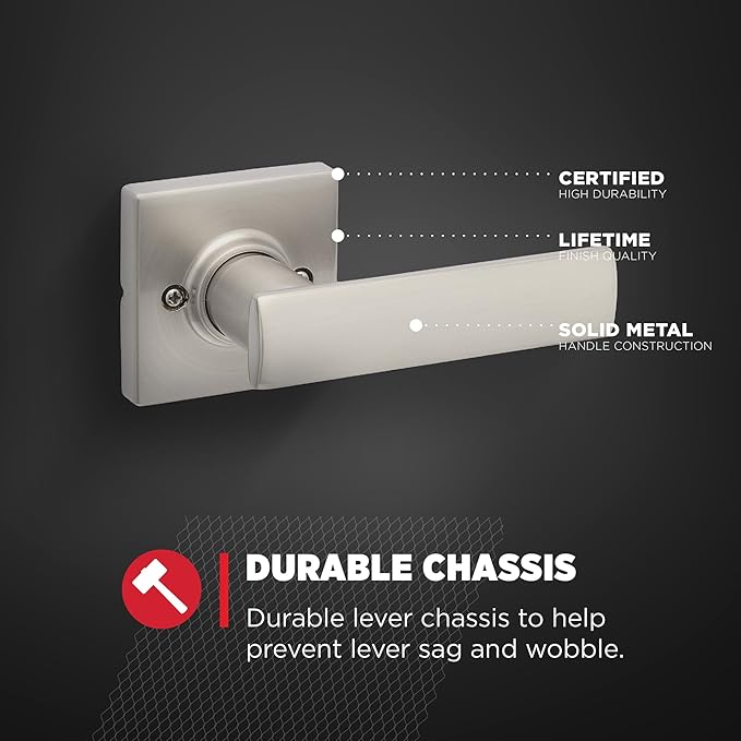 Kwikset Breton Dummy Door Handle, Single Sided Lever for Closets, French Double Doors, and Pantry, Satin Nickel Non-Turning Reversible Interior Push/Pull Lever, with Microban Protection