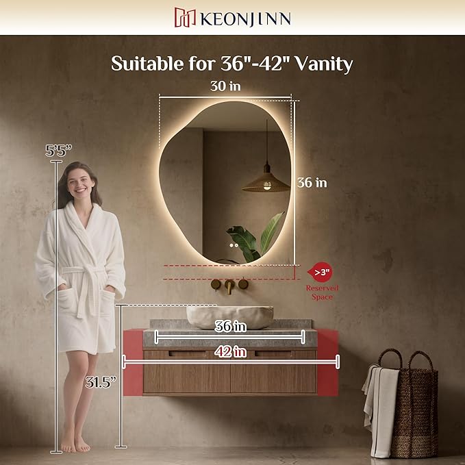 Keonjinn Asymmetrical Backlit Mirror 30x36 Inch, Irregular LED Bathroom Mirror, Lighted Bathroom Mirror with 3 Colors, Stepless Dimmable, Anti-Fog, Frameless Lighted Vanity Mirror(Horizontal/Vertical)