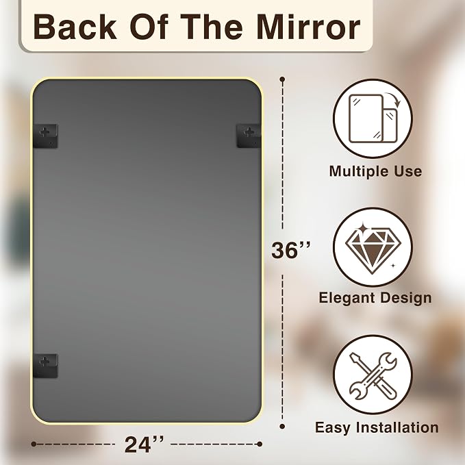 Vanity Bathroom Mirror, 36”x24” Gold Bathroom Mirror for Over Sink | HD Tempered Glass, Anti-Rust Frame, Vertical or Horizontal, Wall Mirrors for Bathroom Sink, Living Room, Entryway, Bedroom