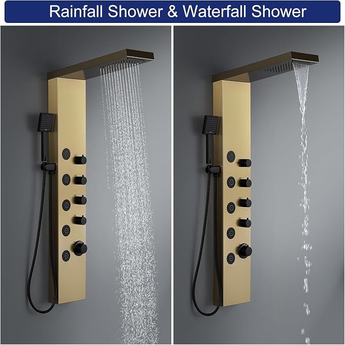 ROVATE 4-in-1 Rainfall Waterfall Shower Panel Tower System, Brushed Gold | Shower Column with Body Massage Jets and Handheld, Stainless Steel High Pressure, Use Multiple Functions Simultaneously
