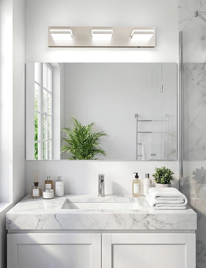 VOLISUN Modern Bathroom Vanity Light Fixtures (3-Light, 24-Inch), Brushed Nickel LED Bathroom Light Fixtures Over Mirror, 360°Rotatable Head, LED Vanity Lights for Bathroom (Cool White 6000K)