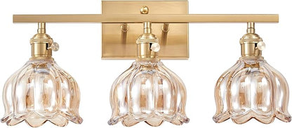 3-Light Amber Tulip Glass Vanity Light, Brushed Gold Vintage Bathroom Wall Sconce, 19.4" Antique Brass Hardwired Wall Lamp for Mirror, Powder Room, Bedroom (Individual Switches, Bulbs Not Included)
