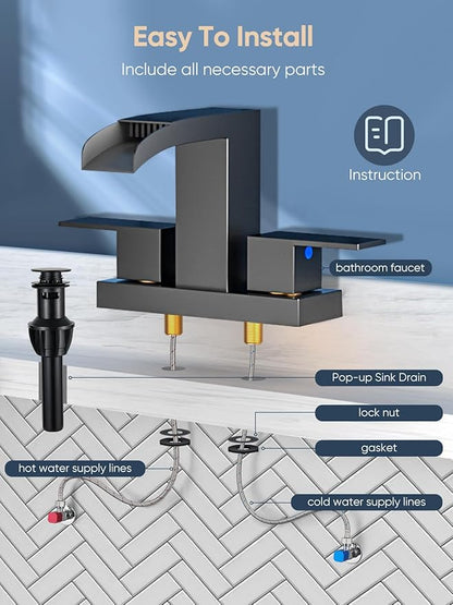 Cobbe Waterfall Bathroom Faucets 3 Hole, Matte Black Bathroom Sink Faucet Square 4 Inch Centerset with Pop-Up Drain, 2 Handle and 2 Supply Hoses, Lead-Free Stainless Steel for Vanity Sink Rv