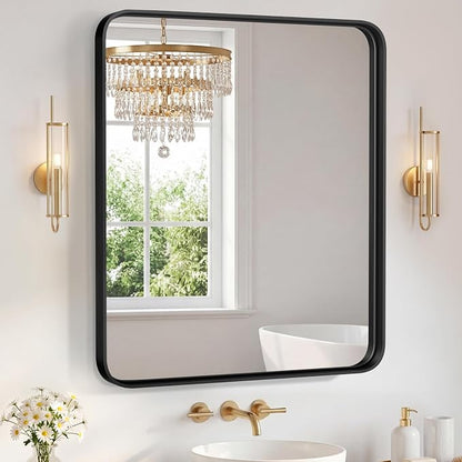 Sweetcrispy Bathroom Mirror 40x36 Inch, Vanity Mirror for Wall | Metal Framed Rounded Rectangle, Over Sink, Farmhouse Restroom, Anti-Rust, Horizontal or Vertical Hanging, Black