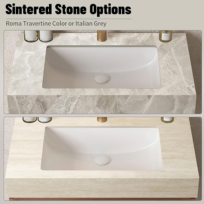 Bathroom Vanity with Sink 36 Inch, Floating Bathroom Vanity Sink Cabinet with Drawer and Door, Undermount Sink & Light Gray Sintered Stone Top, Pre-Assembled, White Oak