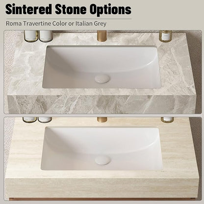 48 Inch Floating Bathroom Vanity with Sink, Wall-Mounted Farmhouse Bathroom Vanity with Drawer and Doors, Light Gray Sintered Stone Countertop and Ceramic Basin, Pre-Assembled,Brown Oak