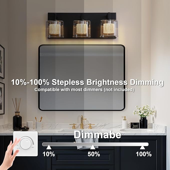 Somniferous 3-Light LED Vanity Light, Modern Bathroom Light Fixtures Over Mirror with Clear Glass Shades, 3000K/4000K/5000K Selectable, Dimmable Matte Black Vanity Lights for Bathroom