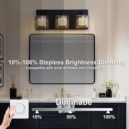 Somniferous 3-Light LED Vanity Light, Modern Bathroom Light Fixtures Over Mirror with Clear Glass Shades, 3000K/4000K/5000K Selectable, Dimmable Matte Black Vanity Lights for Bathroom