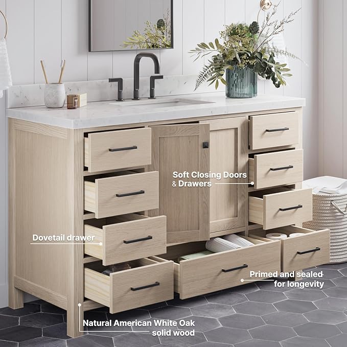 ARIEL Cambridge 54-inch Bathroom Vanity Base Cabinet,Solid Wood, 2 Soft Closing Doors, 9 Dovetail Drawers, White Oak