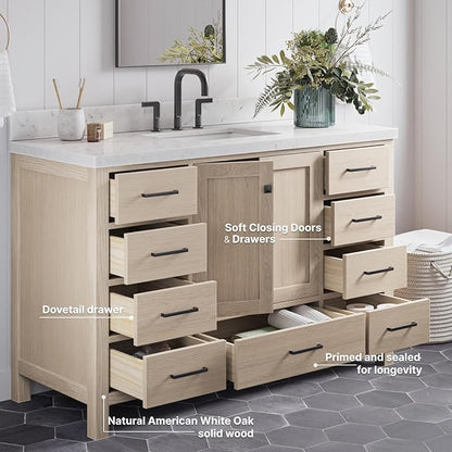 ARIEL Cambridge 54-inch Bathroom Vanity Base Cabinet,Solid Wood, 2 Soft Closing Doors, 9 Dovetail Drawers, White Oak
