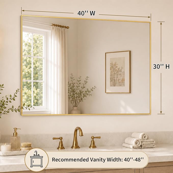 40"x30" Brushed Gold Framed Rectangle Bathroom Vanity Wall Mirror | Over-Sink Vanity Mirror, Slim Metal Frame, Entryway or Dresser Use, Vertical/Horizontal Mount, Tempered Glass