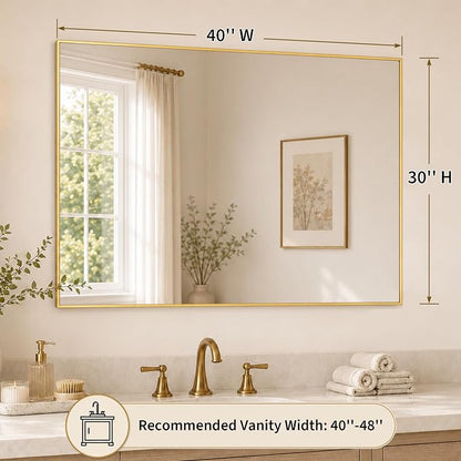 40"x30" Brushed Gold Framed Rectangle Bathroom Vanity Wall Mirror | Over-Sink Vanity Mirror, Slim Metal Frame, Entryway or Dresser Use, Vertical/Horizontal Mount, Tempered Glass