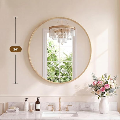 Sweetcrispy 24 Inch Round Bathroom Wall Mirror, Circle Vanity Mirror | Matte Metal Frame Mirrors fo over Sink, Home Decor, Living Room, Bedroom Hang Mount, Gold