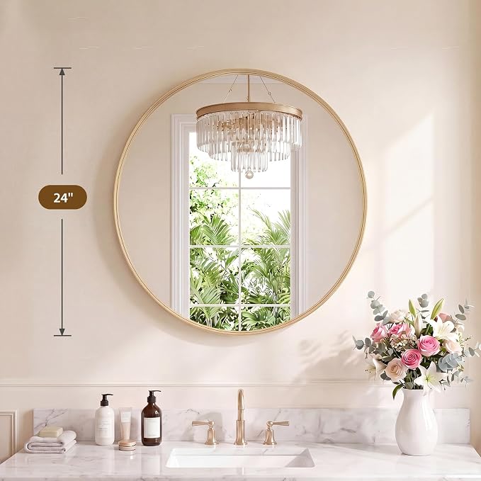 NEWBULIG 24-Inch Round Wall Mirror, Bathroom Wall Circle Mirror | Metal Frame, Bathroom Decor for Entryway, Living Room, Vanity, Gold