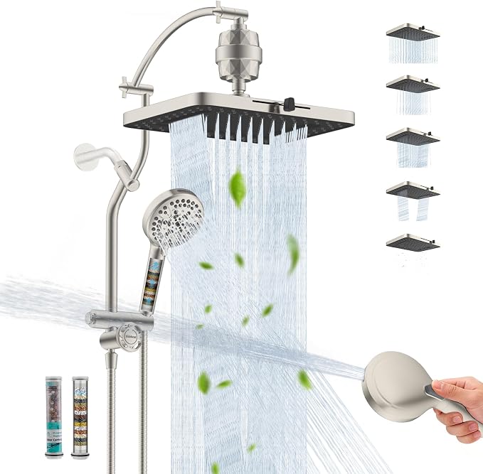 Hibbent Dual-Filtered 13" Shower & 10-Mode Handheld Combo, Brushed Nickel | High Pressure 5-Spray Showerhead, 4-way Diverter, Heightened All Metal Extension Arm, 3 Filter Cartridges, Easy Reach