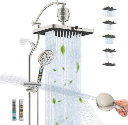 Hibbent Dual-Filtered 13" Shower & 10-Mode Handheld Combo, Brushed Nickel | High Pressure 5-Spray Showerhead, 4-way Diverter, Heightened All Metal Extension Arm, 3 Filter Cartridges, Easy Reach
