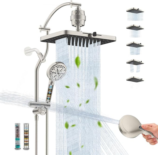 Hibbent Dual-Filtered 13" Shower & 10-Mode Handheld Combo, Brushed Nickel | High Pressure 5-Spray Showerhead, 4-way Diverter, Heightened All Metal Extension Arm, 3 Filter Cartridges, Easy Reach
