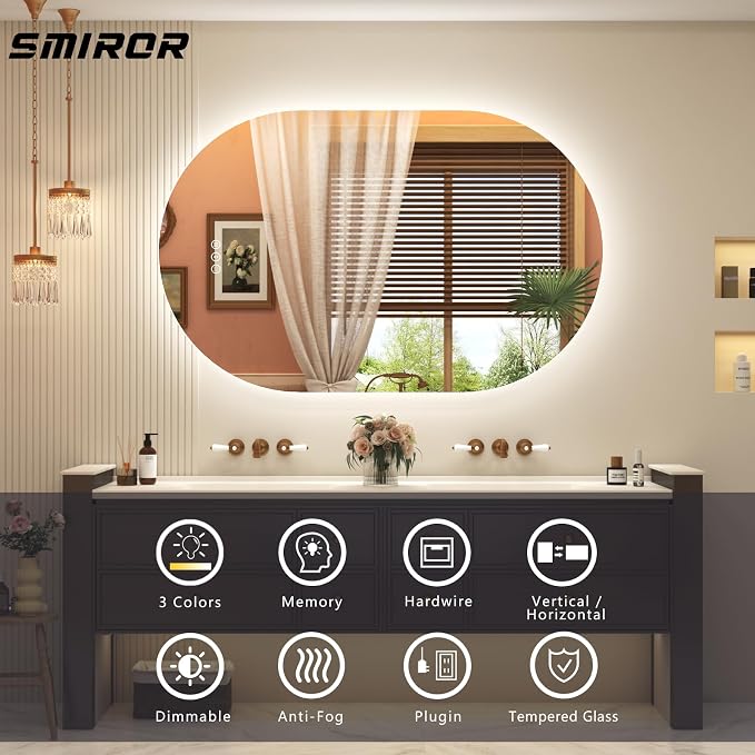 SMIROR 28x36 Oval Backlit LED Bathroom Vanity Mirror with Lights for Wall | Pill-Shaped, 3 Color Lighting, Anti-Fog, Memory, Tempered Glass, UL, Horizontal/ Vertical Wall- Mounted