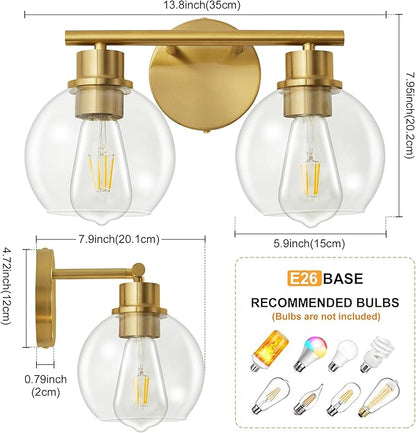 Bathroom Light Fixtures Over Mirror 2-Lights Bathroom Vanity Light with Clear Glass Shade 13.8 inch Gold Wall Sconce Brushed Brass Vanity Lighting Bathroom Light for Bath