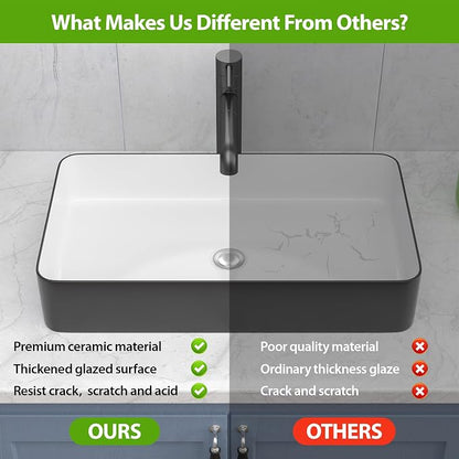 Bathroom Vessel Sink 24x14 Inch Black and White Rectangular Sink | Above Counter Large Bathroom Sink Porcelain Ceramic Large Bathroom Sink Vanity Sink Lavatory Art Basin