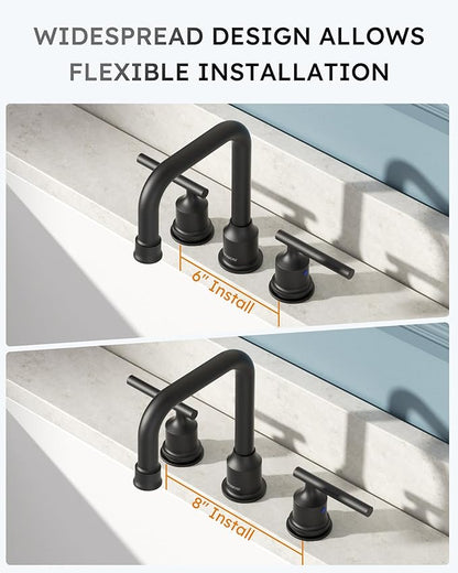 Black Bathroom Faucet 3 Holes, WOWOW Widepread Bathroom Sink Faucets 2 Handle, 8 Inch Vanity Tap with Drain and Supply liness Moddern