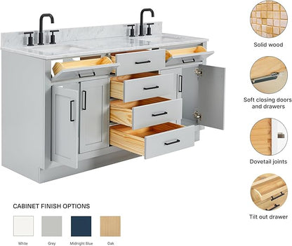 ARIEL Hepburn 66-inch Bathroom Vanity with Sink,Solid Wood, 0.75-inch Italian Carrara Marble Countertop, Double Rectangular Porcelain Sink, 4 Soft Closing Doors, 6 Dovetail Drawers, Grey