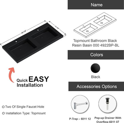 Dowell 49" Bathroom Sink,Double Bowl Vanity Basin,Rectangular Drop-In Bathroom Sink with Overflow,Black-000 4922BPBL