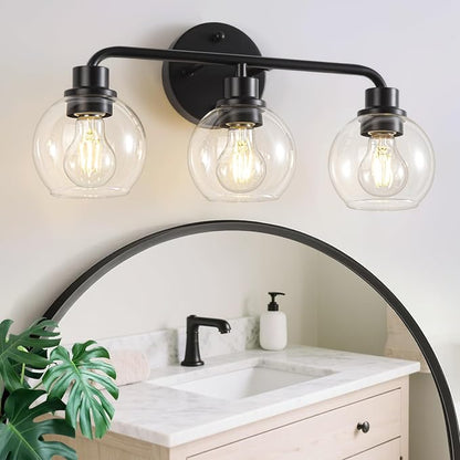 Bathroom Light Fixtures Black Vanity Light, 3 Light Modern Wall Sconces Lighting Bathroom Lights with Globe Clear Glass Shades, Bath Wall Lights Wall Lamp for Mirror Kitchen Living Room Hallway | Wall Sconces Lighting with Globe Clear Glass Shades, Bat...