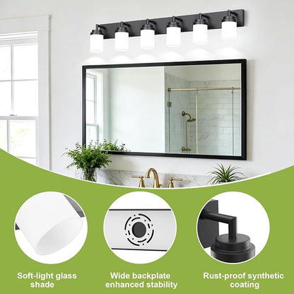 Bathroom Light Fixtures, Matte Black Bathroom Lighting Fixtures Over Mirror, Modern Vanity Light with White Glass Shade, Restroom Lighting Fixtures, 6-Light 46-inch