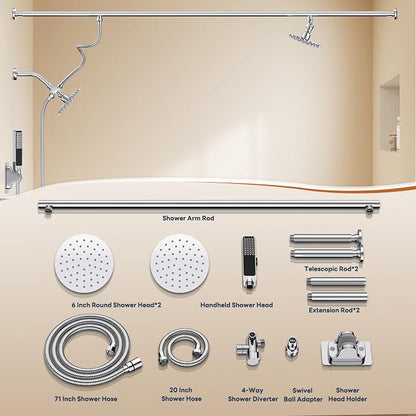 Dual Shower Head for Couples with 6-Mode Diverter, Polished Chrome | 304 Stainless Steel, Adjustable High Pressure Double Shower Head, Couples Gift, Renter-Friendly, Fits 53"-74" Wide Bathrooms