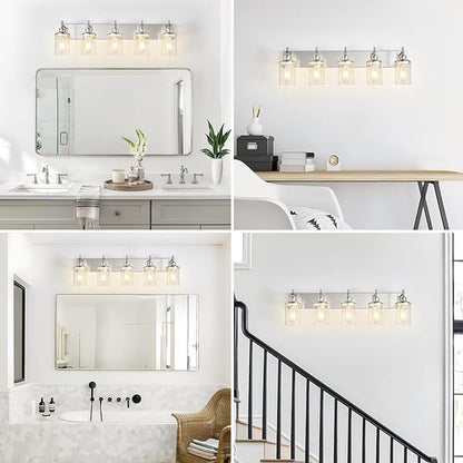 5-Light Brushed Nickel Bathroom Light Fixture Over Mirror Modern Bathroom Vanity Light Vintage Wall Lighting with Clear Glass Shade for Bathroom, Bedroom, Hallway, Cabinet