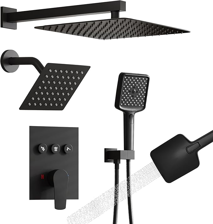 MONDAWE 12 Inch Wall Mounted Matte Black Shower System, 3-Function Shower Faucet Set with Rainfall Dual Shower Head and High Pressure 4-Setting Handheld, All Functions Can be Used At the Same Time