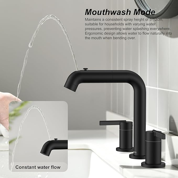 KENES Matte Black Pull Out Bathroom Faucet, 8 Inch 2 Handle Widespread Bathroom Faucet 3 Hole with Pull Down Sprayer, Bathroom Sink Faucet with Pop Up Drain & Supply Lines LJ-9058A-2