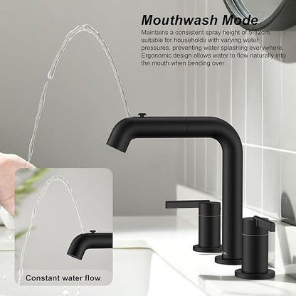 KENES Matte Black Pull Out Bathroom Faucet, 8 Inch 2 Handle Widespread Bathroom Faucet 3 Hole with Pull Down Sprayer, Bathroom Sink Faucet with Pop Up Drain & Supply Lines LJ-9058A-2