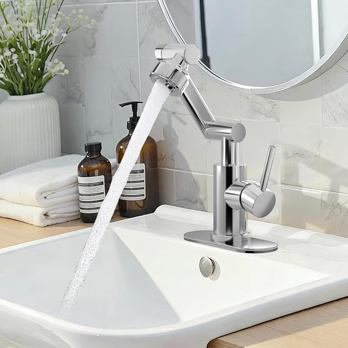 1080° Rotatable Bathroom Faucet, Chrome SUS304, Dual Spray Modes | Universal Height Adjustable Faucet for Farmhouse Sink, Vanity, Washbasin & RV, Single/3-Hole, Anti-Splash Easy Install