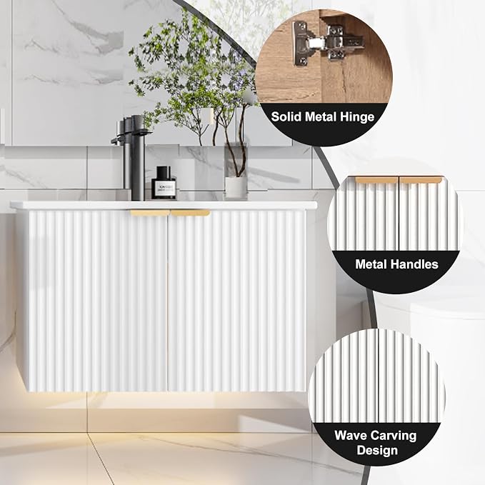 Bathroom Vanity with Sink, 30" Wall Mounted Floating Vanity Cabinet, Modern Bathroom Sinks with LED Light, Metal Handle & Double Soft-Close Doors, White