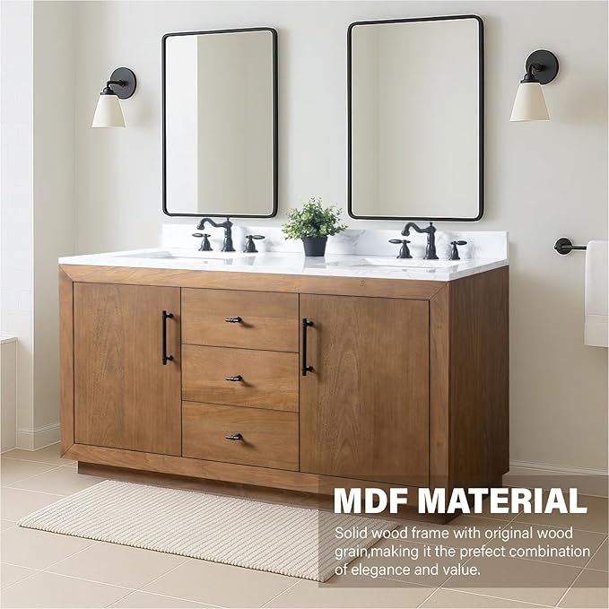 HOMEBEYOND 60" Bathroom Vanity with Double Sink & Ceramic Top, MDF Material Vanity Cabinet with Basin Combo, Soft-Closing Doors, Removable Shelf, Backsplash, Tan