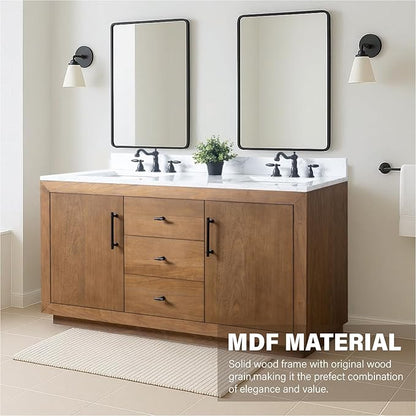 HOMEBEYOND 60" Bathroom Vanity with Double Sink & Ceramic Top, MDF Material Vanity Cabinet with Basin Combo, Soft-Closing Doors, Removable Shelf, Backsplash, Tan
