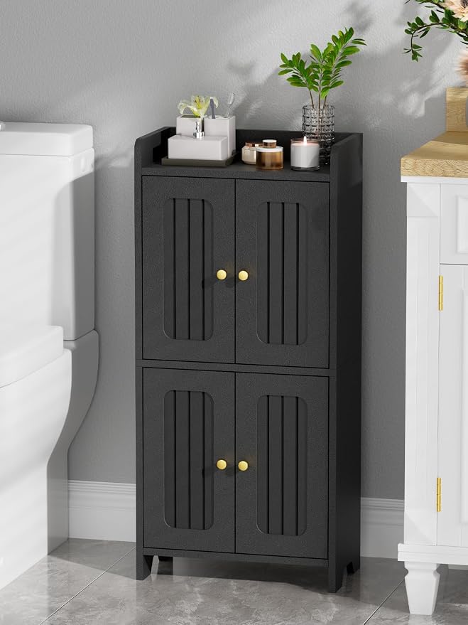 BEWISHOME Small Floor Cabinet,Toilet Paper Storage,Bathroom Storage Cabinet | with 4 Doors and Shelves, Bathroom Organizers and Storage for Small Spaces, Black 7.9" D x 14.6" W x 31" H YYG11B