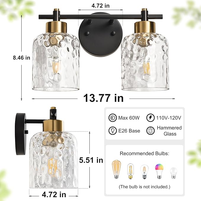 2 Light Black and Brass Vanity Light with Hammered Glass over Mirror Makeup | 13.7" Black and Gold Farmhouse Bathroom Light Fixtures, Vanity Lighting Fixtures, Rustic Vanity Lights for Bathroom Lights