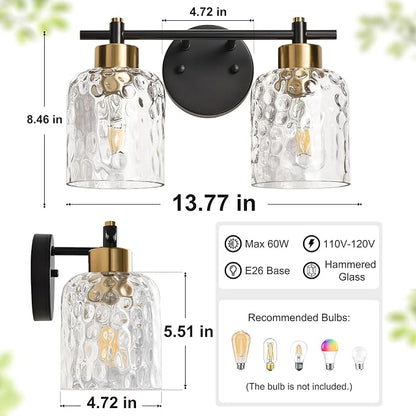 2 Light Black and Brass Vanity Light with Hammered Glass over Mirror Makeup | 13.7" Black and Gold Farmhouse Bathroom Light Fixtures, Vanity Lighting Fixtures, Rustic Vanity Lights for Bathroom Lights