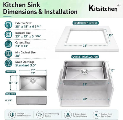 Kitsitchen RV Kitchen Sink,16 Guage T304 Stainless Steel Undermount Kitchen Sinks with Sink with Strainer & Bottom Gird, 25" x 15" x 7" Single Bowl Drop In Kitchen Sink For RV, Outdoor,Bathroom