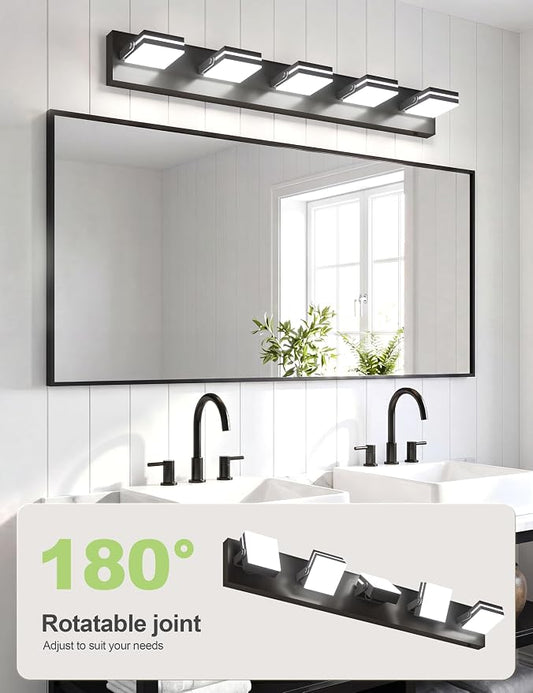 VOLISUN 5 Light Bathroom Vanity Light, 34.25 inch Dimmable Bathroom Light Fixtures Over Mirror, 5 Color Temperatures, 180°Rotatable Head, Black LED Vanity Lights for Bathrooms-ETL Certificated